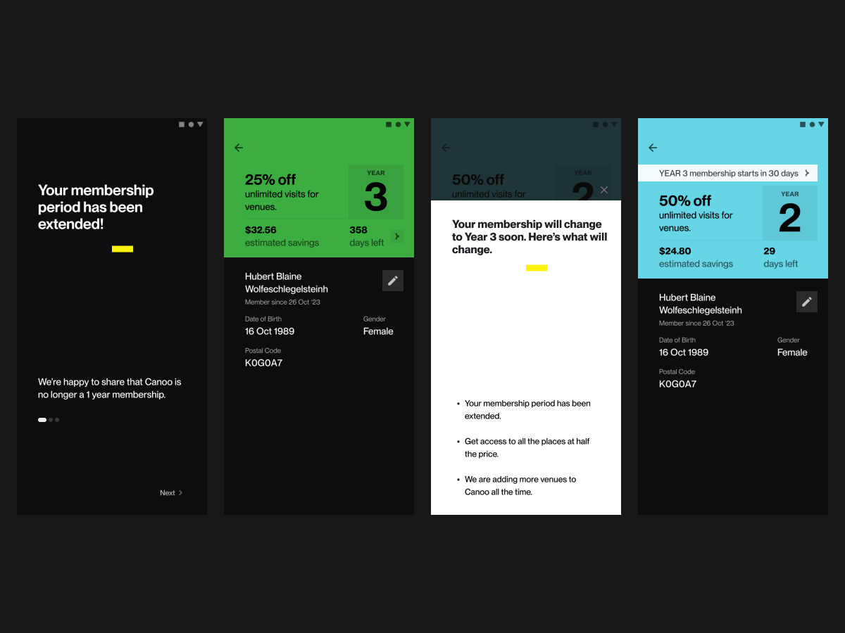 Screenshots from canoo app showing messages for alumni