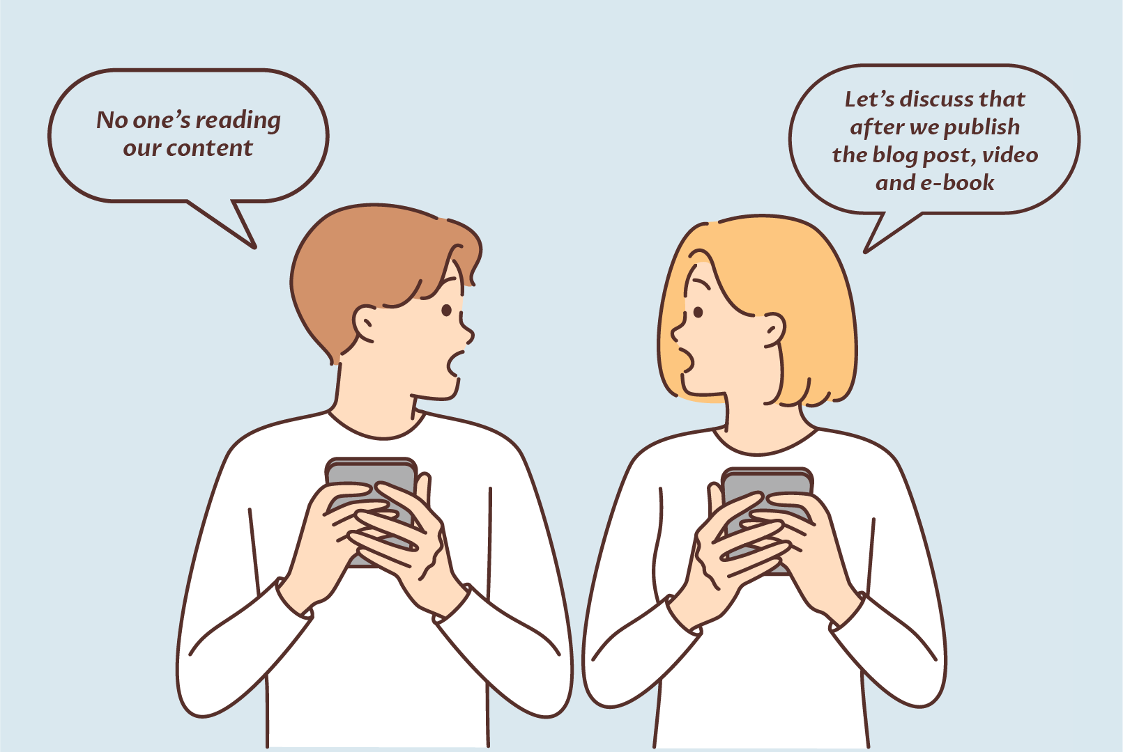 cartoon with man and woman talkning about content marketing