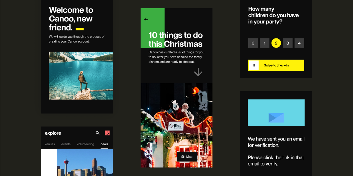 Screenshots from canoo app showing activities and attractions that users can access, 10 things to do this Christmas