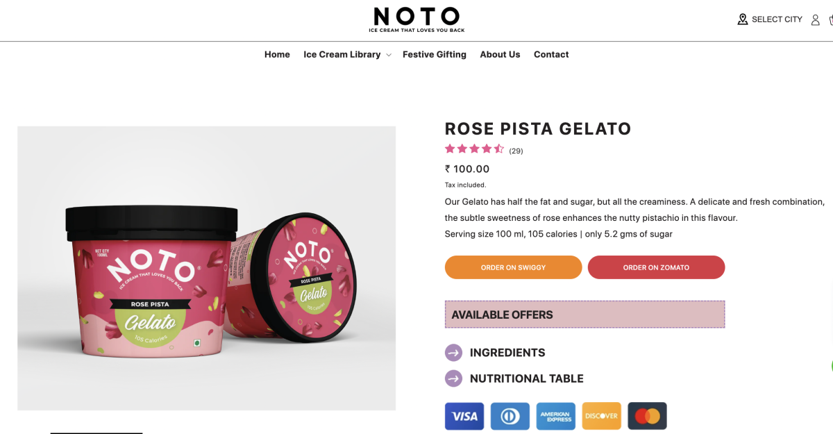 Screenshot from NOTO website showing that they redirect to quick commerce players for delivery