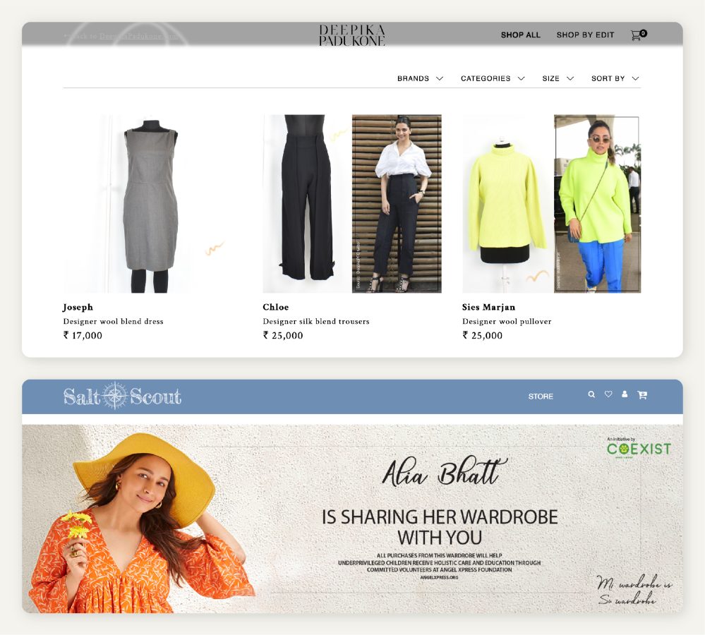 Screenshots from Deepika padukone and alia bhats sites where their second hand clothes are avilable for sale