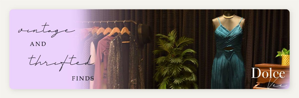Screengrab from Dolce Vee shopwing a blue dress, a clothes rack and text Vinate and Thrifted Finds