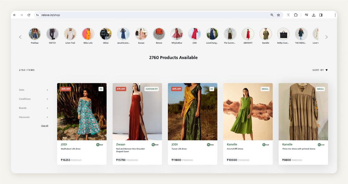 Screenshot from Relove.in showing brands for sale