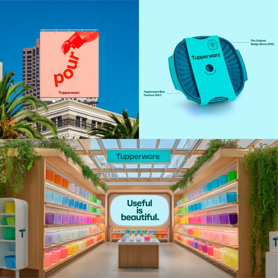 Grid of images showing colourful Tupperware boxes and app
