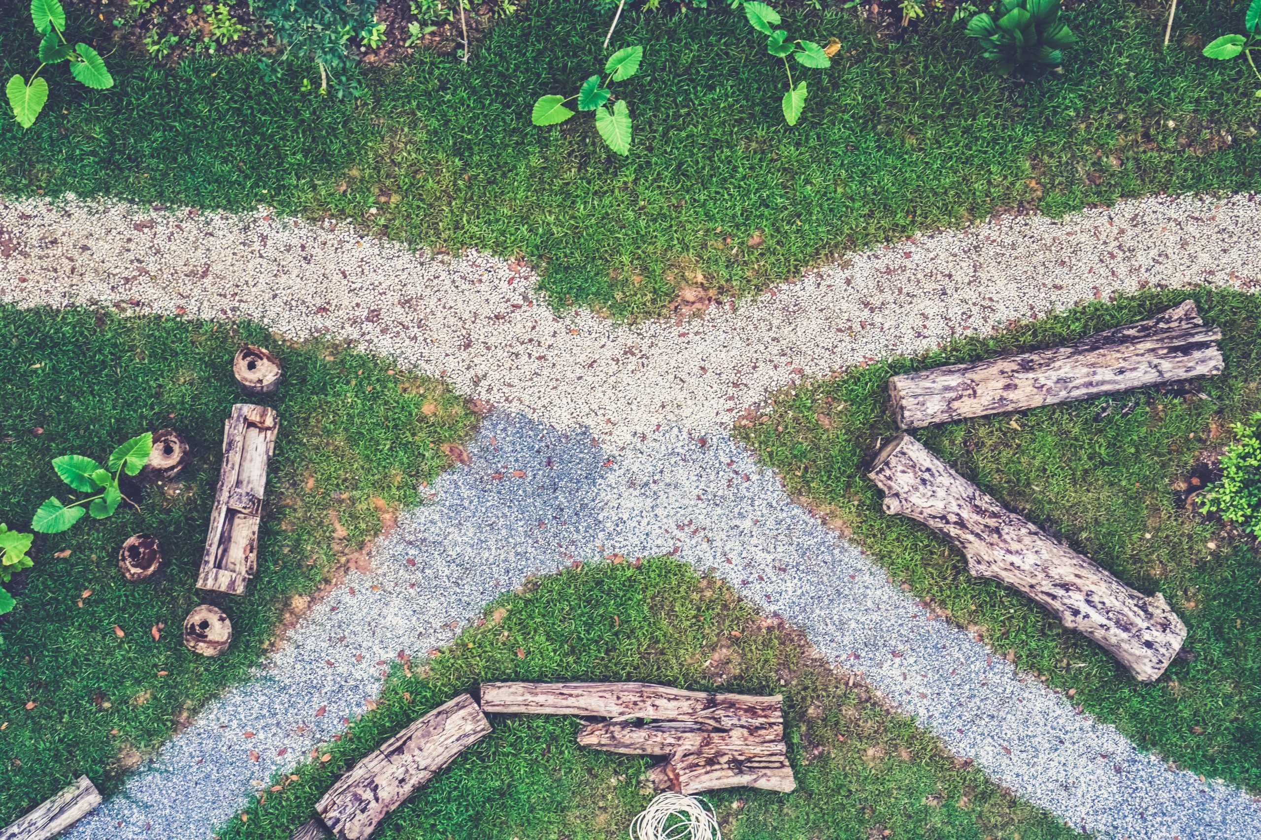 crossroad with grass in between