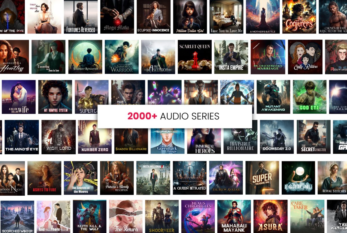 Screenshots of Pocket FM library with caption 2000+ audio series